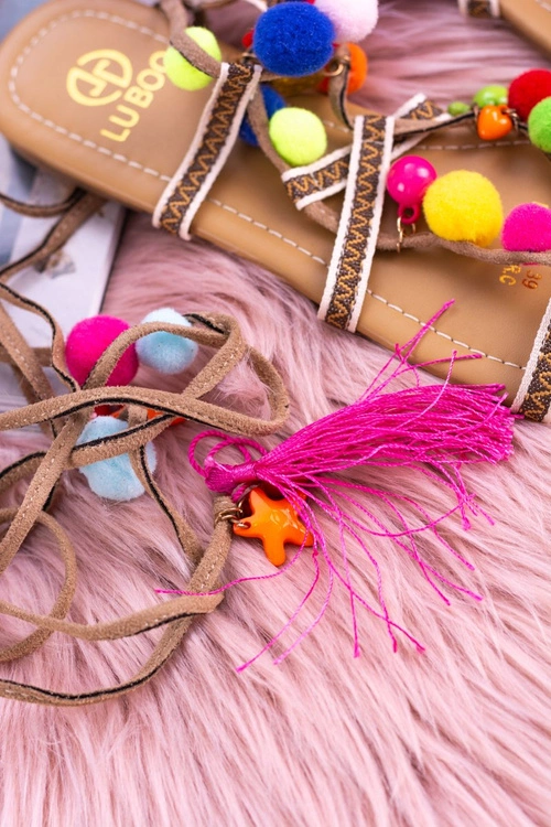 Lu Boo | Kolorowe Sandałki Pompony Rzymianki Gladiatorki