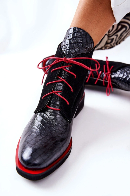 Skórzane Botki Wzór Aligatora Czarne Laorelia