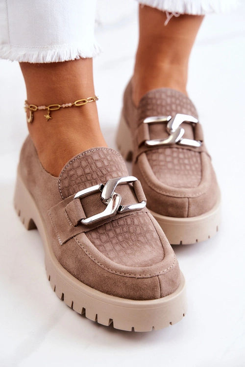 Modne Zamszowe Półbuty Loafery Ciemnobeżowe Rayhan