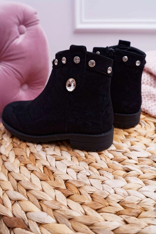 Młodzieżowe Botki Czarne z Kryształkami Płaski Obcas Venici