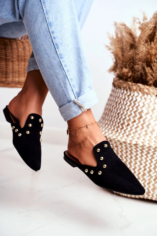 Lu Boo Damskie Klapki Czarne Zamszowe Seniorita