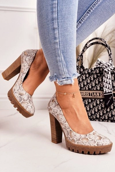 Skórzane Czółenka Na Słupku Maciejka 02629-25 Złoto-Beżowe