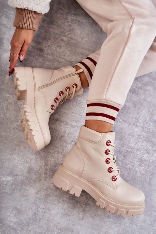 Skórzane Botki Workery Na Suwak Beżowe Messa