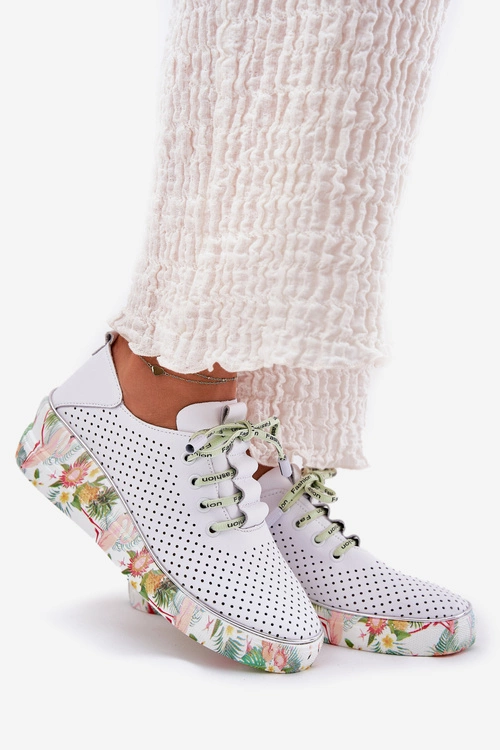 Skórzane Półbuty Na Koturnie Ze Wzorem Artiker 54C1807 Biało-Zielone