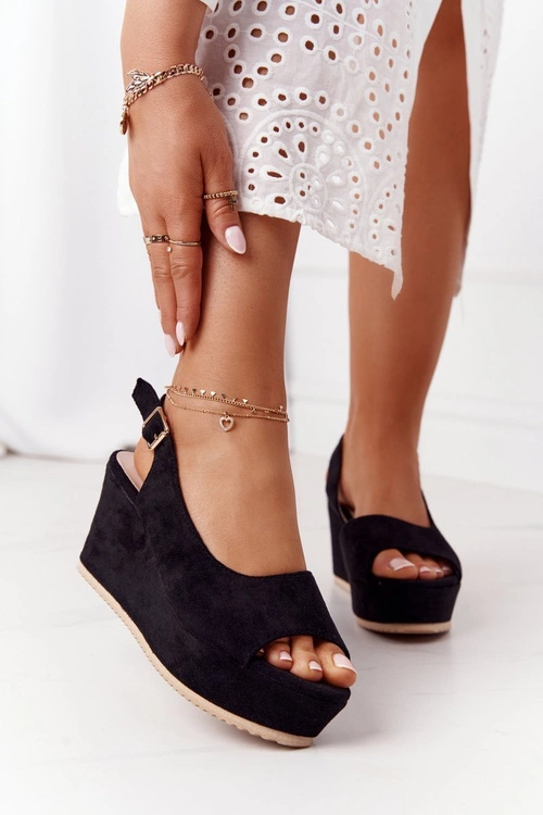 Zamszowe Sandały Na Koturnie Czarne Party Time