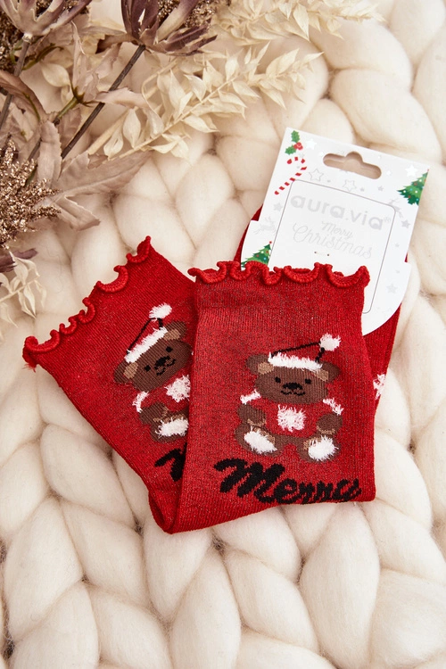 Damskie Błyszczące Świąteczne Skarpety Z Misiem Czerwone