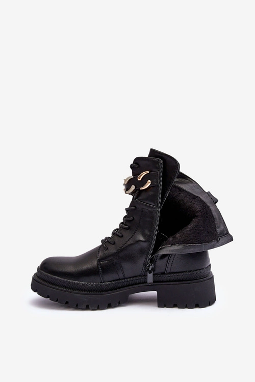 Skórzane Botki Workery Z Ozdobnym Paskiem Czarne Enili