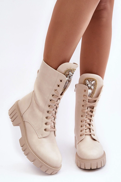 Skórzane Botki Workery Z Biżuteryjną Ozdobą Beżowe Marx