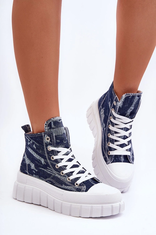 Damskie Wysokie Materiałowe Trampki Granatowe Degas