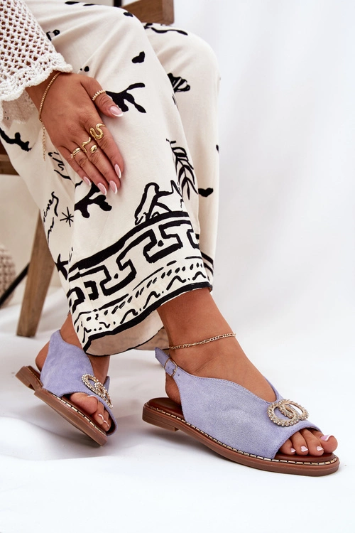 Sandały Damskie Z Ozdobą Na Płaskim Obcasie Eko Zamszowe Niebieskie Ralisses