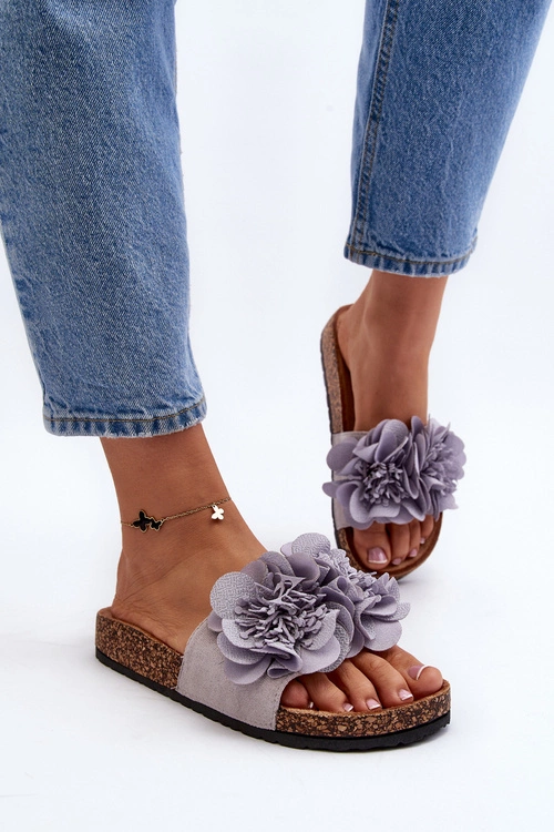 Damskie Klapki Z Kwiatami Szare Lulania