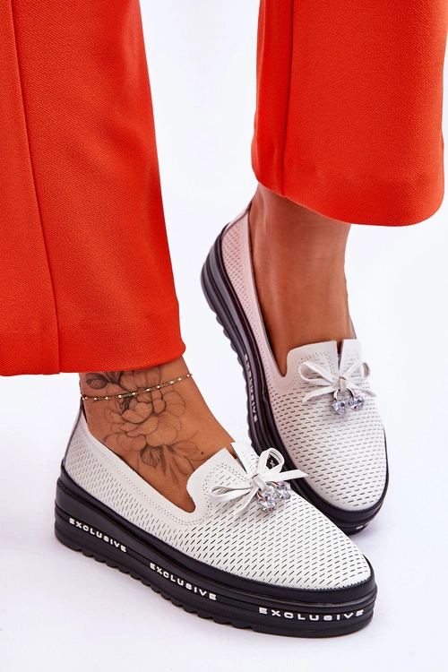 Damskie Wsuwane Skórzane Trampki Białe Raven