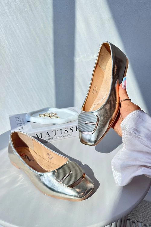 Baleriny Damskie Eko Skórzane Z Ozdobą Złote Edoslli