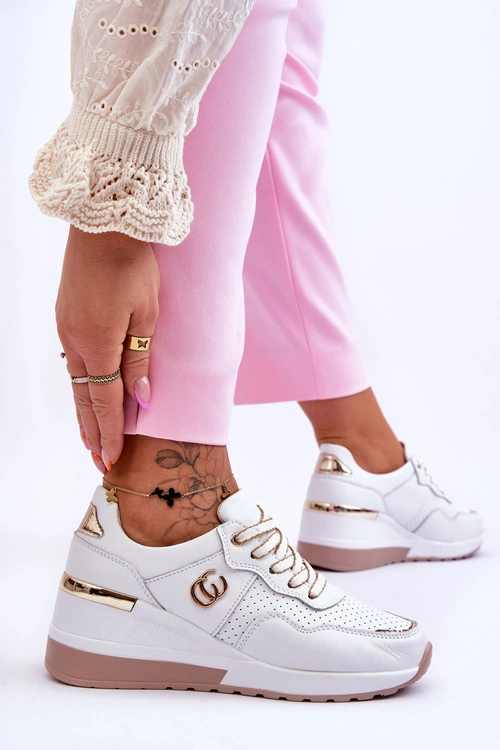 Damskie Skórzane Buty Sportowe Na Koturnie Biało-Złote Rebeca