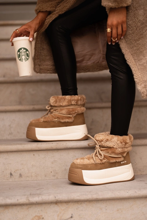 Skórzane Śniegowce Damskie Na Grubej Podeszwie Z Futerkiem Big Star OO274A207 Brązowe