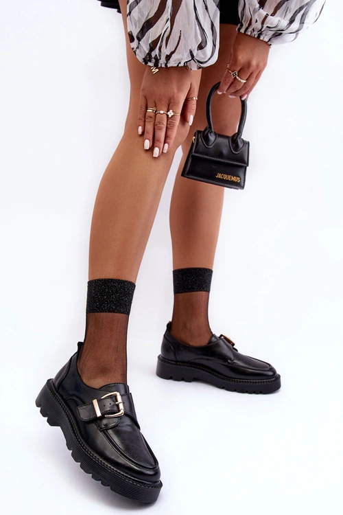 Skórzane Półbuty Na Płaskim Obcasie Z Klamrą Czarne Meara