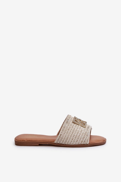 Płaskie Klapki Damskie Z Plecionką I Ozdobą Białe Omenna