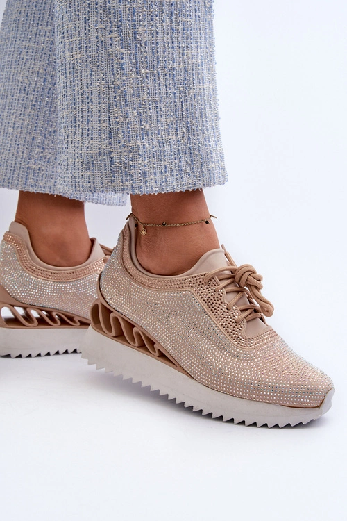 Sneakersy Damskie Na Koturnie Zdobione Cyrkoniami D&A MR38-377 Beżowe