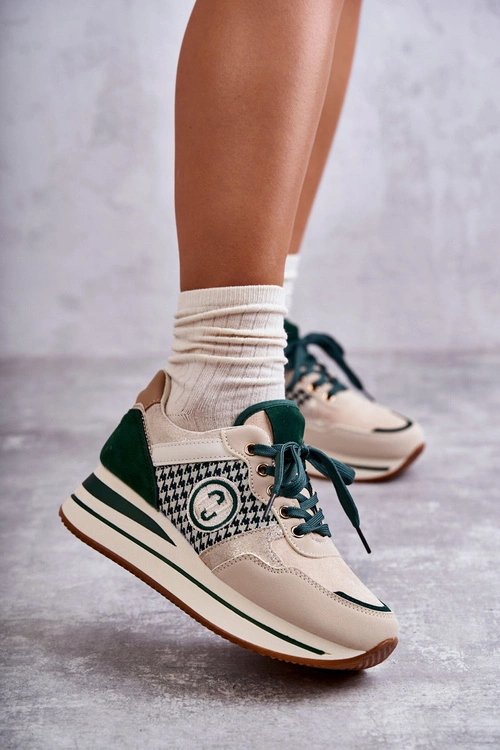 Modne Buty Sportowe Damskie Na Koturnie Beżowo-Zielone Aronne