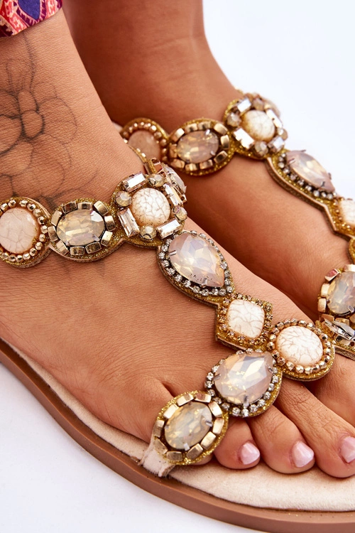 Zamszowe Płaskie Sandały Z Kamieniami Beżowe Dallas