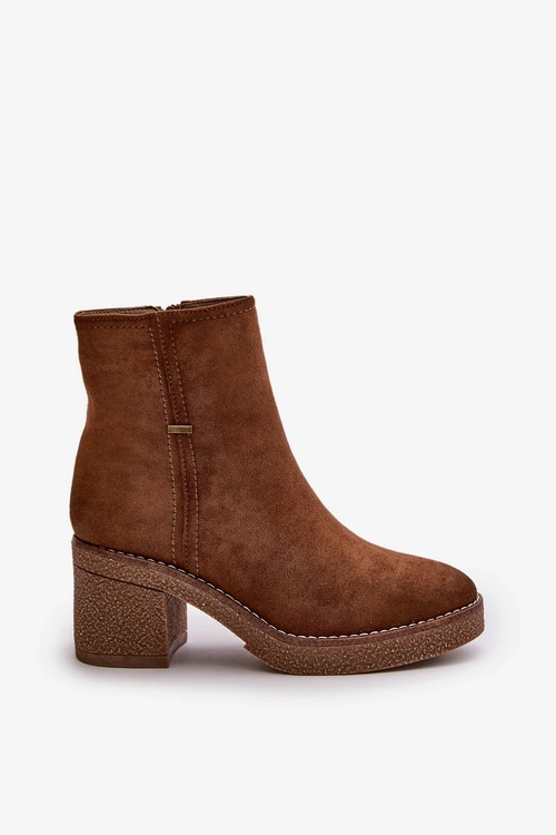 Botki Damskie Na Słupku Ocieplane Eko Zamszowe Khaki Arkesia