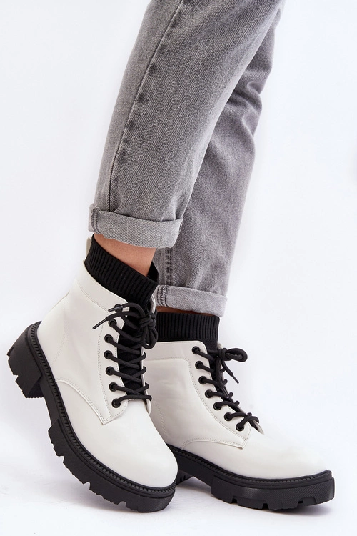 Trapery Botki Damskie Ze Skarpetą Biało-Czarne Rivella