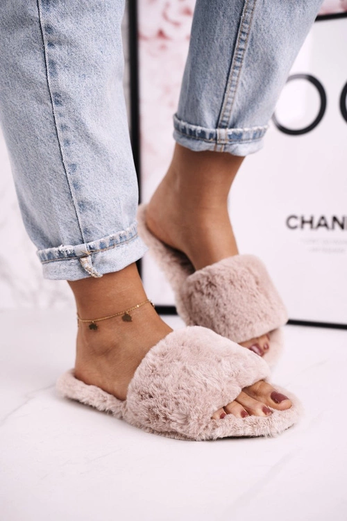 Damskie Klapki Papcie Futrzane Jasny Brąz Cold Days