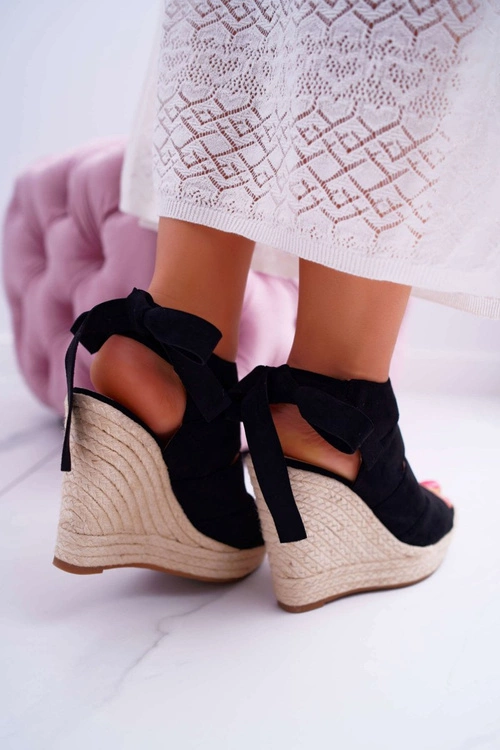 Sandały Damskie Na Koturnie Lniane Wiązane Czarne Cantare