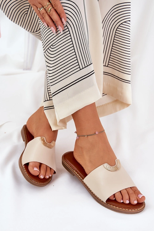 Klapki Damskie Eko Skórzane Z Ozdobnymi Detalami Beżowe Mevith