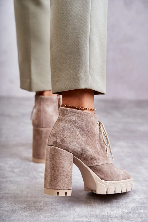 Modne Zamszowe Botki Sznurowane Beżowe Selma