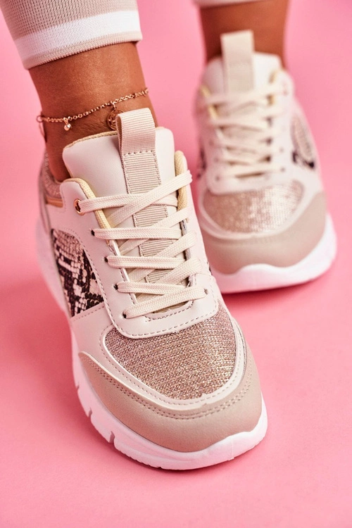 Sportowe Damskie Buty Beżowe Brokat Lisbon