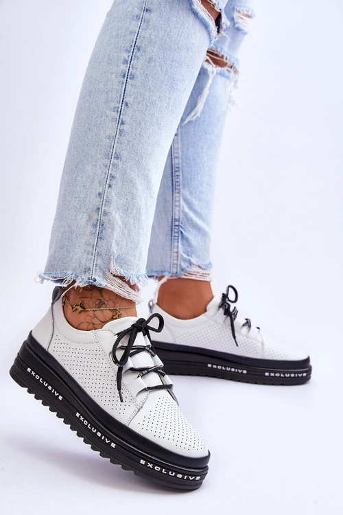 Skórzane Ażurowe Buty Sportowe Białe Leonor