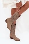 Skórzane Kozaki Z Ażurową Cholewką Zazoo 3714 Ciemnobeżowe