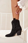 Ocieplane Damskie Botki Kowbojki Ze Zdobieniem Czarne Lelira