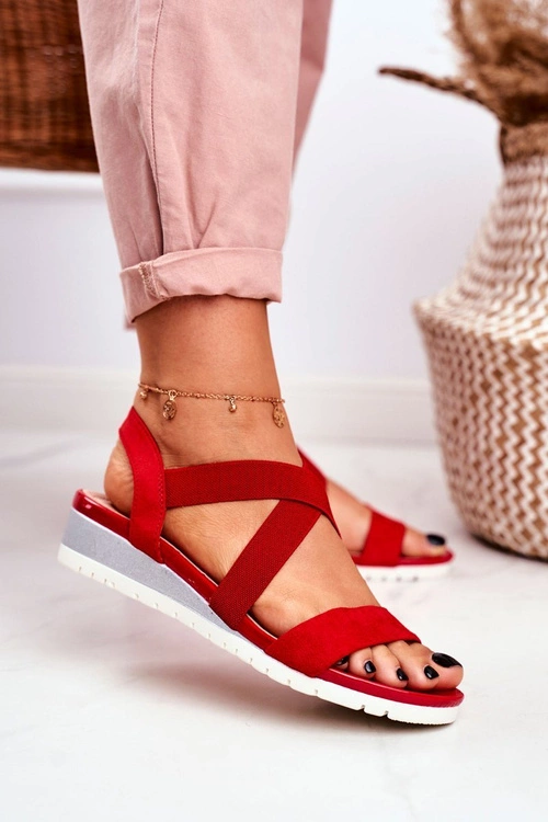 Sandałki Damskie Na Koturnie Czerwone Wsuwane Harper