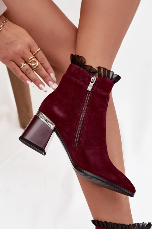 Zamszowe Skórzane Botki Damskie Na Słupku Z Ozdobą Ocieplane D&A MR52-127 Bordowe