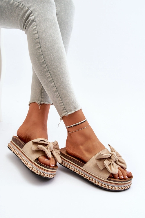 Klapki Damskie Na Platformie Z Kokardą Beżowe Evatria