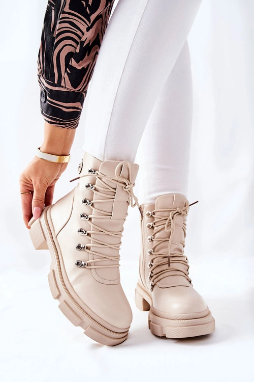 Damskie Ocieplane Botki Trapery Beżowe Perfect