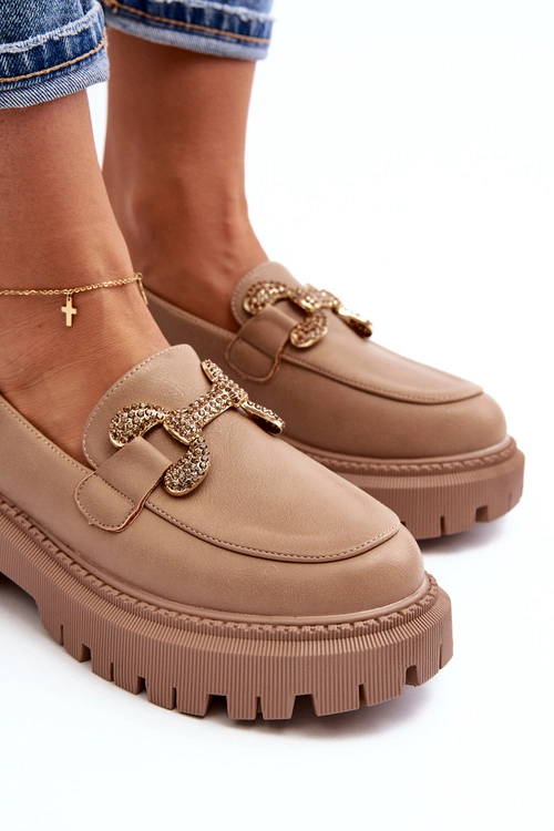 Mokasyny Damskie Z Ozdobą Ciemnobeżowe Gargi