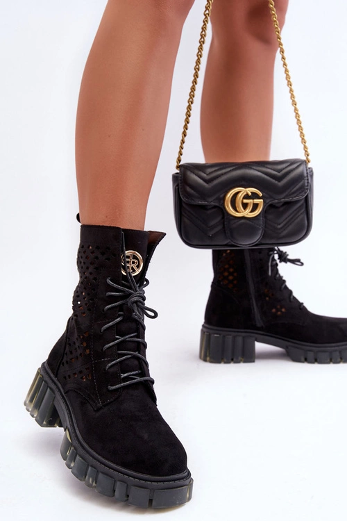 Ażurowe Botki Workery Czarne Ideally