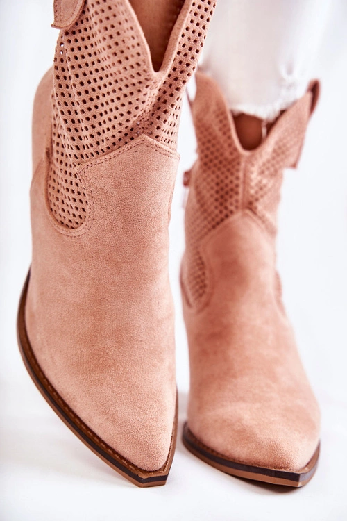 Damskie Zamszowe Ażurowe Botki Kowbojki Różowe Eleonore