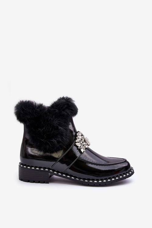 Lakierowane Botki Z Ozdobą I Futerkiem S.Barski MR870-73 Czarne