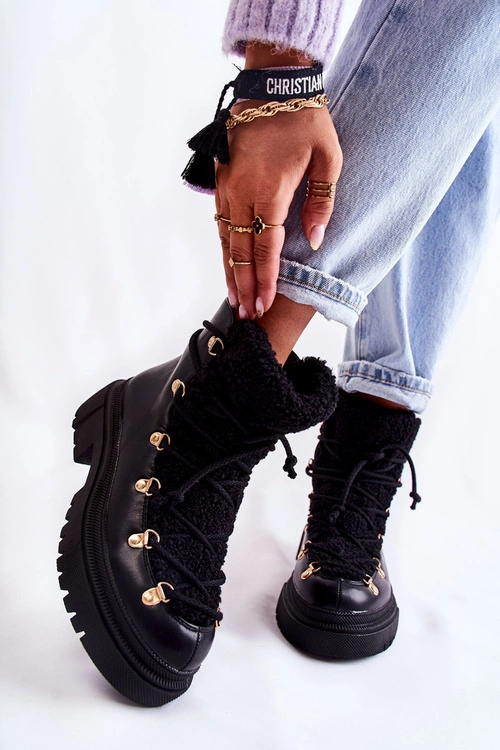 Skórzane Ocieplane Botki Trapery Czarne Arisa