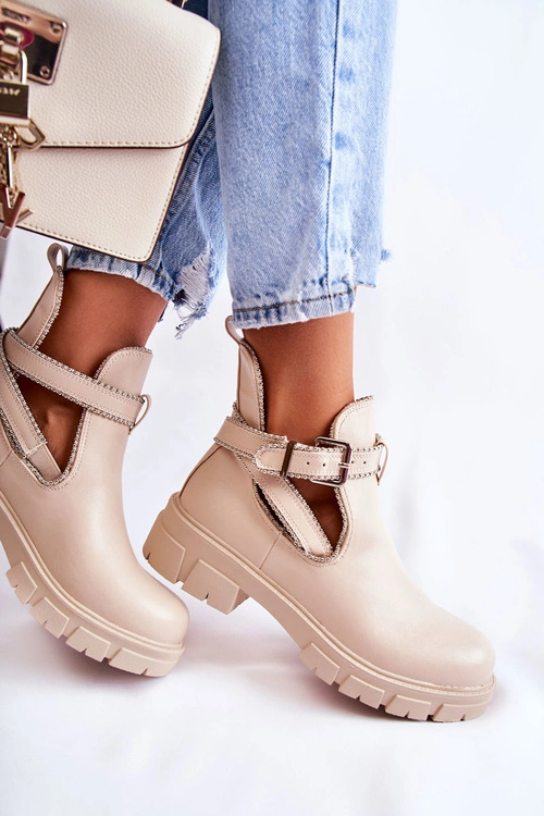 Damskie Skórzane Botki Z Ćwiekami Beżowe Clares