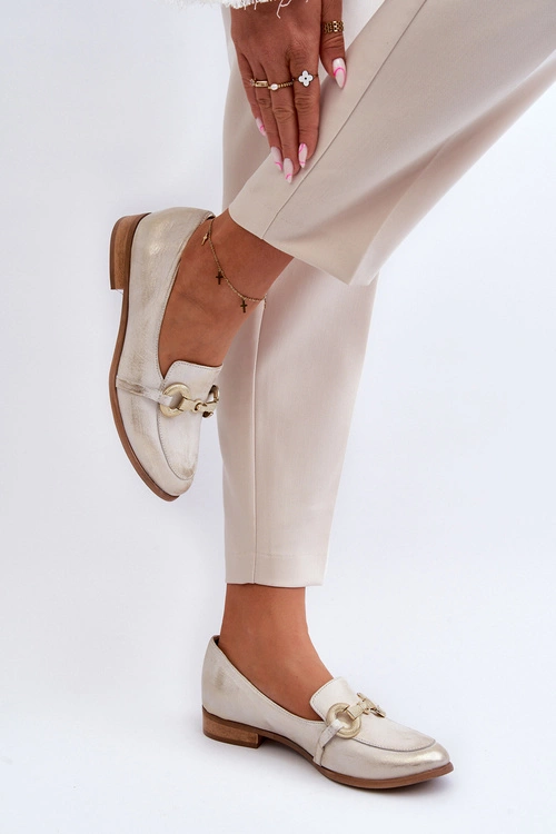 Zazoo 2880 Damskie Mokasyny Skórzane Z Ozdobą Złote