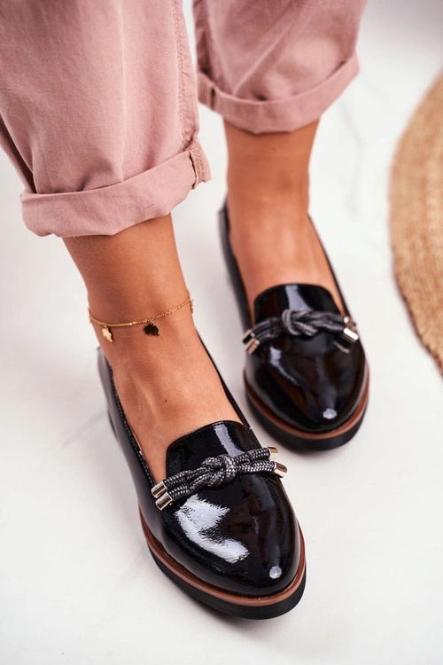 Mokasyny Damskie Czarne Lakierowane Na Koturnie Abba