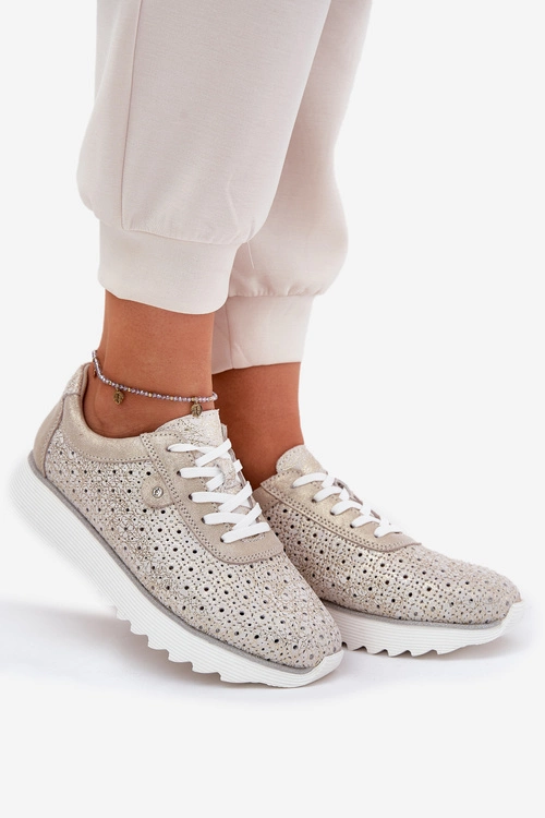 Zamszowe Ażurowe Sneakersy Na Platformie LR51-927 Złote