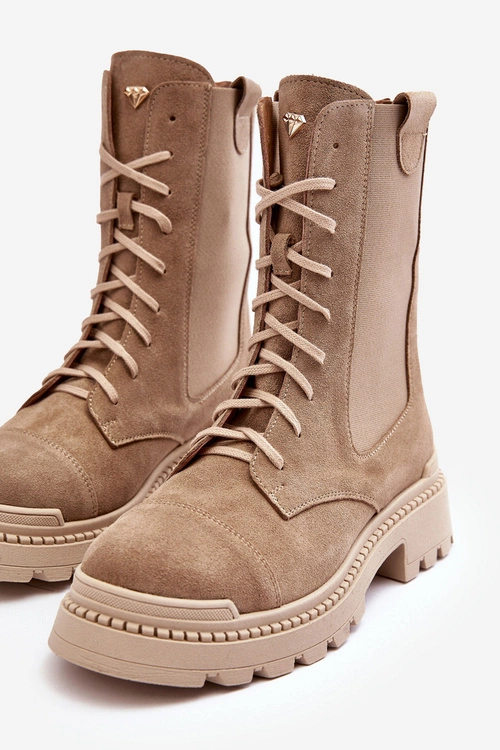 Zamszowe Damskie Botki Workery Sznurowane Beżowe Nicole 2836