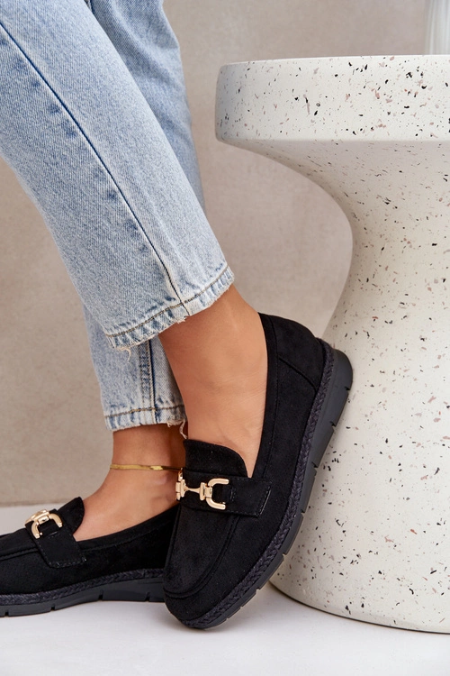 Ażurowe Mokasyny Ze Złotym Detalem I Jutową Plecionką Czarne Lainer