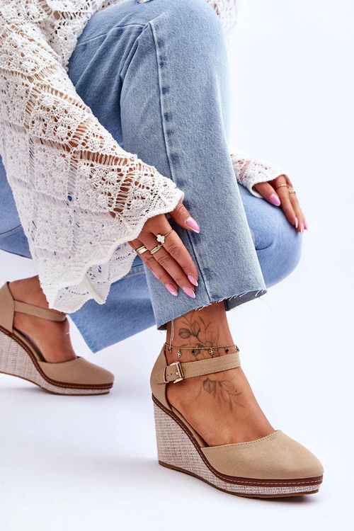 Damskie Klasyczne Sandały Na Koturnie Ciemnobeżowe Malani